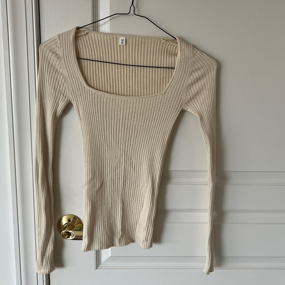 Square neck Ribbon knit long sleeve Top
